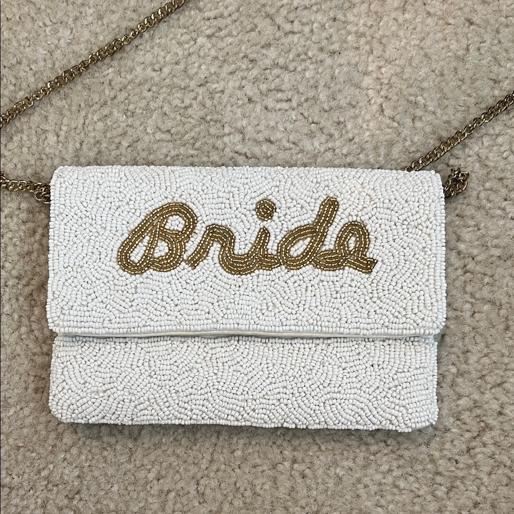 White and Gold Beaded Bride Clutch